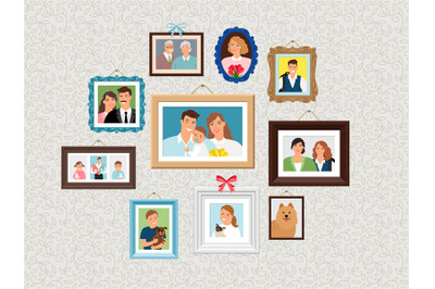 Family frames set. People portrait pictures, faces photoportraits on w