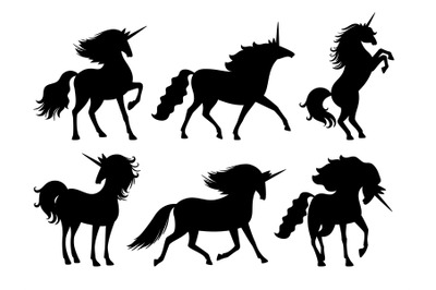 Unicorn silhouettes. Vector unicorns silhouette set isolated on white,