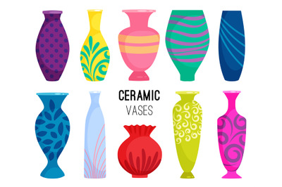 Ceramic vases collection. Colored ceramics vase objects, antique potte