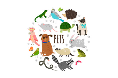 Popular pets round banner design. Vector cartoon animals isolated on w