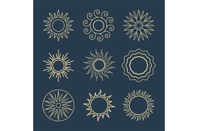 Abstract sun line icons. Vector suns symbols, summer sunshine outline