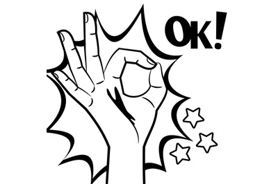 Comic style hand OK sign black and white vector design