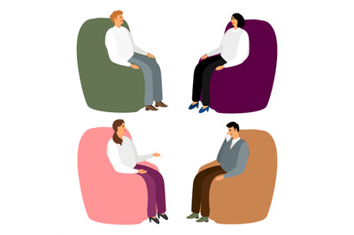 People in armchairs. Cartoon men and women sit in chairs for relaxing