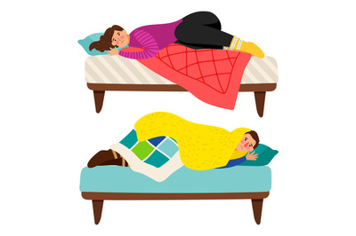 Depressed woman and man in bed - depression vector concept