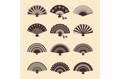 Vintage elegant oriental fans of set vector silhouettes