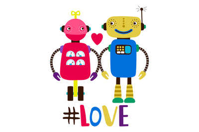 Female and male robots in love vector print illustration