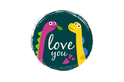 Love you grunge vector banner with two cute dinosaurus