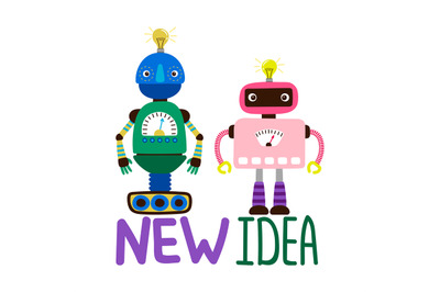 Male and female robots vector illustration - new idea card or print de