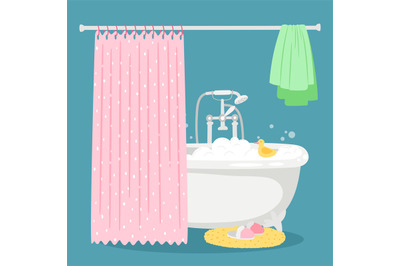 Bath, soap bubbles, yellow duck and towel vector illustration