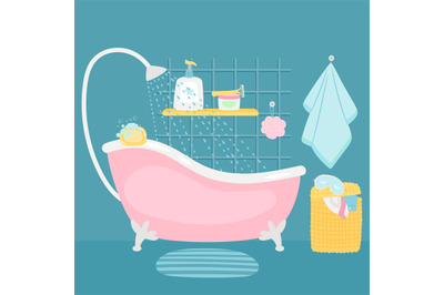 Bathroom interior bath and accessories cartoon vector illustration