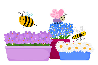 Blossom flowers in pots and cute cartoon insects - spring, summer vect