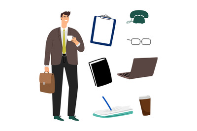 Businessman and business accessorises vector of set