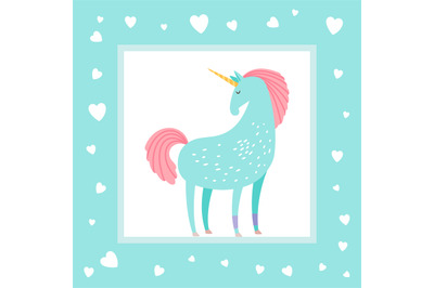 Card template with hearts and cartoon character unicorn vector illustr