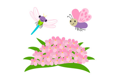 Cartoon dragonfly and butterfly flying under flowers vector illustrati