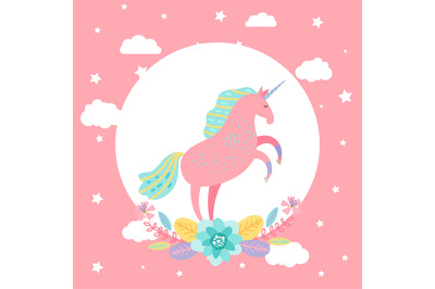 Cartoon unicorn with stars, flowers vector card template