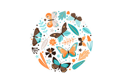 Colorful banner with floral elements and butterflies vector isolated o