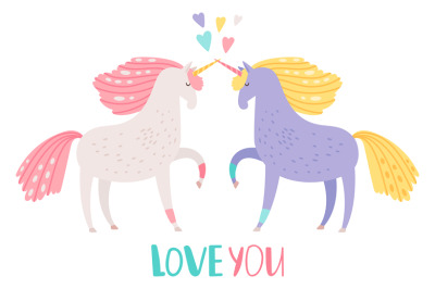 Cute cartoon unicorns in love vector illustration