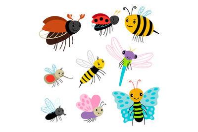 Flying insects vector collection - cartoon bee, butterfly, lady bug, d