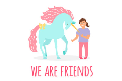 Friendship girl and unicorn vector illustration. Best friend