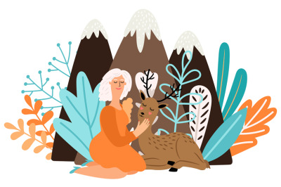 Girl with deer animal. Cartoon pretty woman with beautiful baby deer i