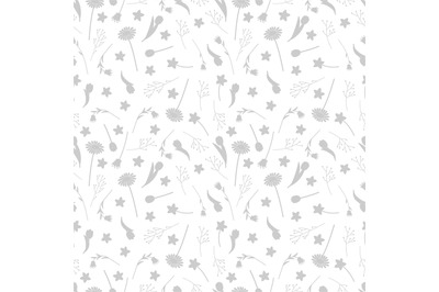 Grey flowers and leaves silhouettes seamless pattern