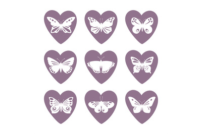 Heart icons with lace butterfly silhouettes vector set