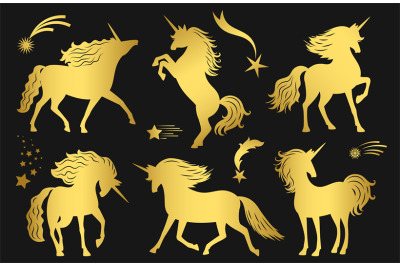 Magic golden unicorns and falling stars vector set