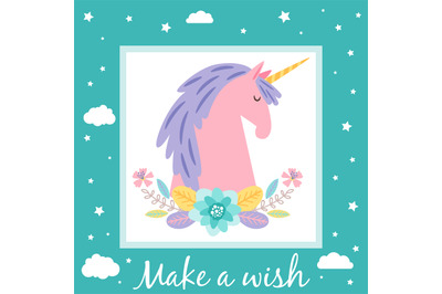 Make a wish card template with cute unicorn and stars