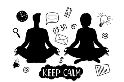 Man and woman silhouettes, meditation and keep calm vector concept wit