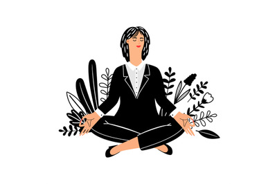 Meditation vector concept with businesswoman isolated on white backgro