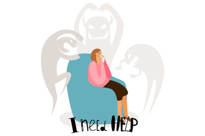 Psychological problems, mental disorders vector concept with crying wo