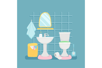 Sanitary room with sink, toilette, towels vector illustration