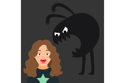 Scared girl, kids fear and monster silhouette vector illustration