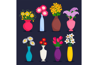 Spring and summer bouquets in vases vector collection