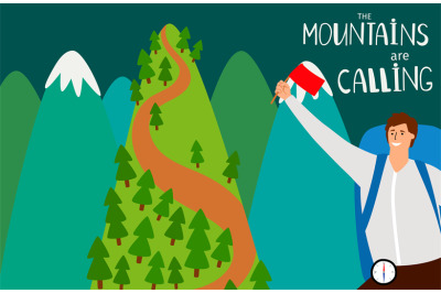 The mountains are calling vector flat background with happy man and mo