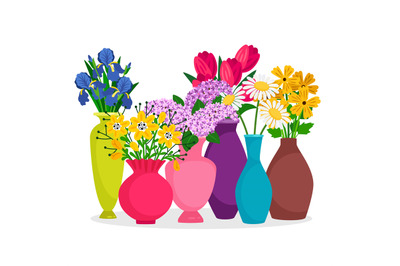 Vector bouquets of flowers in vases composition