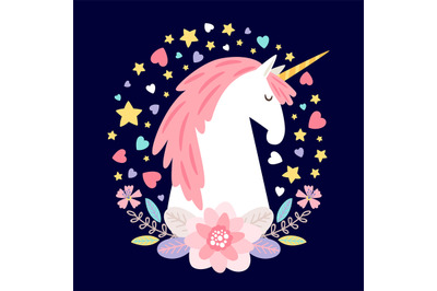 Vector cartoon character unicorn with flowers, hearts and stars