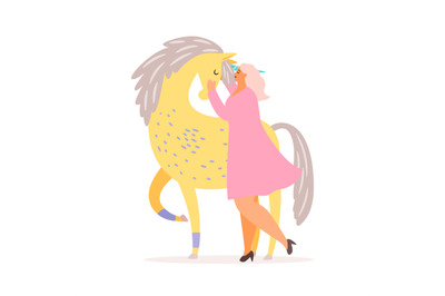 Vector fantasy illustration of girl and unicorn