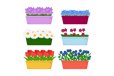 Vector house and garden flowers in long pots vector isolated on white