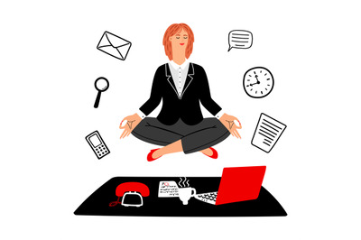 Work meditation vector concept. Businesswoman keeps calm on work place