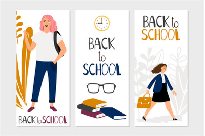 Back to school banners template. Vector school banners with students,