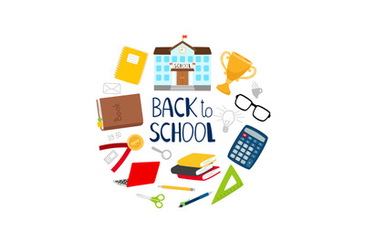 Back to school vector banner with stationery, books and school buildin