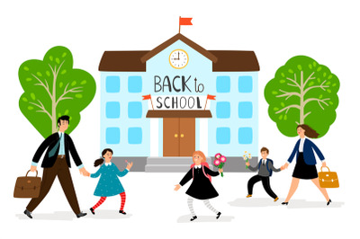 Back to school vector illustration. Parents lead children to school