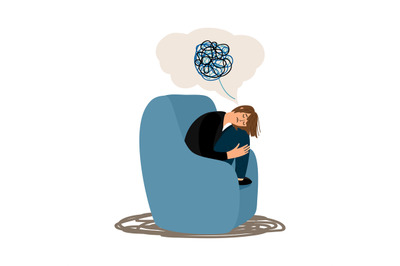 Depressed girl tangled brain vector illustration isolated