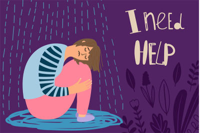 Depressed girl, frustrated woman vector illustration under rain