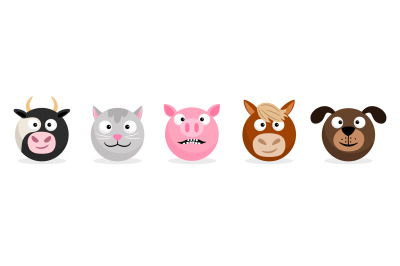 Farm animals and pets faces emoticons. Vector cartoon emojis