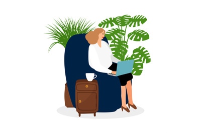 Female freelancer working in the chair vector illustration. Online job