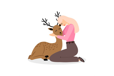 Girl with deer animal. Cartoon pretty woman with beautiful baby deer v