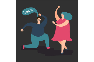 Happy plump woman and man dance vector. Cute fat dancing couple illust