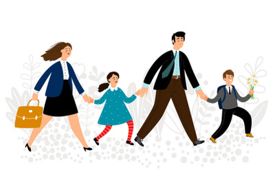 Parents lead children to school vector illustration. Back to school co